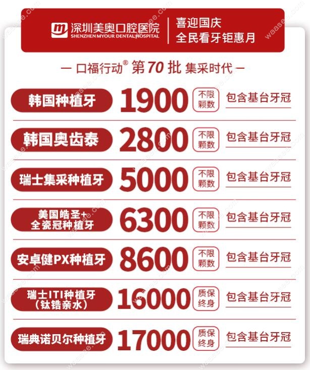 深圳美奥口腔种植牙集采价格表